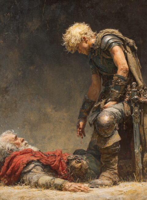 A warrior standing over a slain loved one.